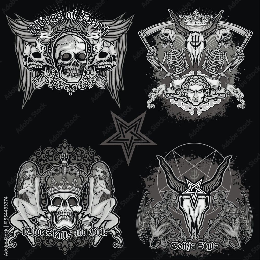 set, gothic sign with skull, grunge vintage design t shirts
