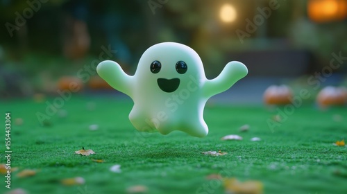 Cute cartoon ghost floating in a grassy Halloween scene