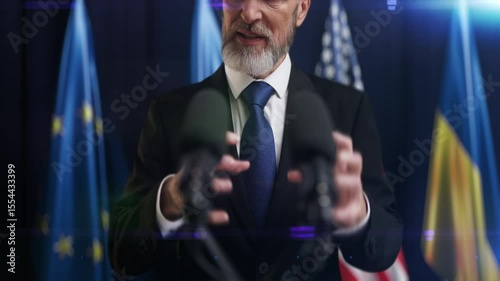 Displeased male diplomat delivering a fierce speech at international summit