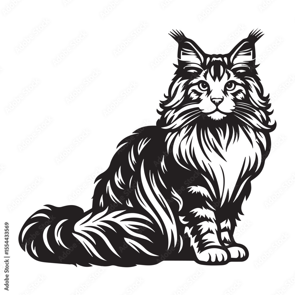 Obraz premium maine coon cat black silhouette vector with white background, Pet animal silhouette