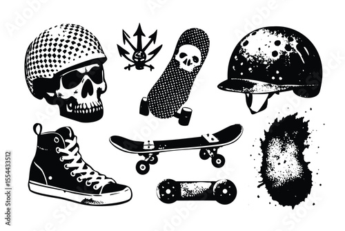 Skateboarding Grunge Halftone Icon Pack. Distressed 80s Skate Culture Vector Set. Dirty Ink Stamp Style with Punk Rock Vibe