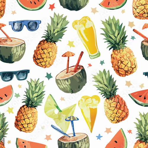Playful and colorful seamless summer pattern featuring pineapple, watermelon, and coconut in a tropical vector style. Ideal for packaging, fabric, digital paper, and seasonal product designs.