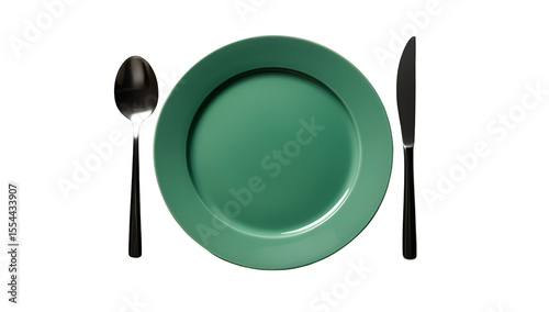green plate and cutlery with spoon isolated on transparent background