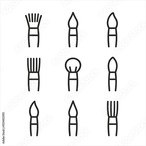 Painting Brush Icons. Outline icon set of painting brush materials: hog bristle, sable hair, synthetic bristle, nylon filament,