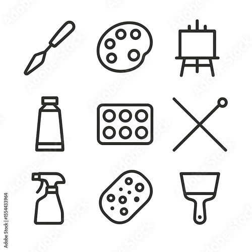 Painting Tools Icons. Outline icon set of painting accessories: palette knife, paint palette, easel, paint tube, mixing tray,