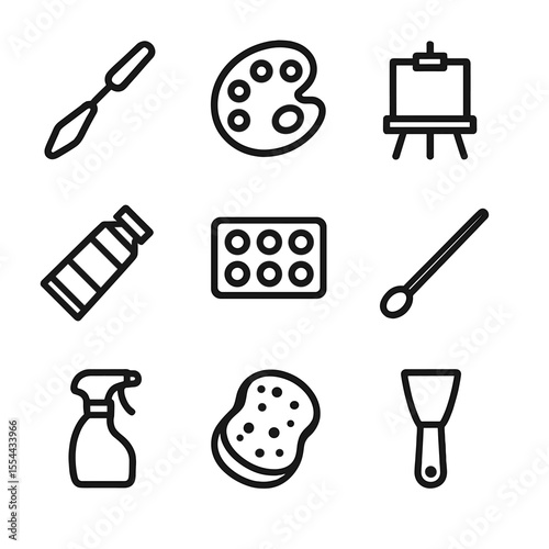 Painting Tools Icons. Outline icon set of painting accessories: palette knife, paint palette, easel, paint tube, mixing tray,