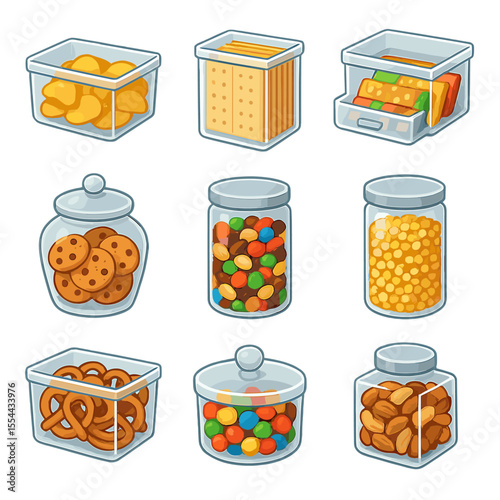 Pantry Snack Icons. Isometric Flat icon set of pantry snack organization: clear chip bin, clear cracker box, clear granola bar