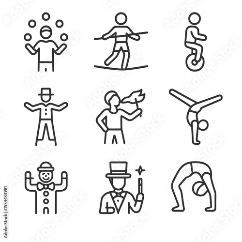 Parade Performer Icons. Outline icon set of parade performers: juggler, tightrope walker, unicyclist, stilt walker, fire breather,