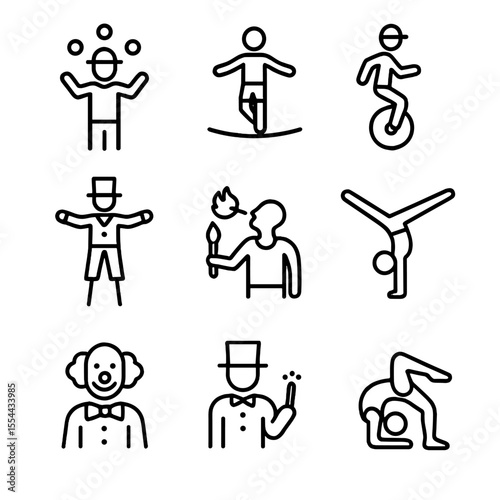 Parade Performer Icons. Outline icon set of parade performers: juggler, tightrope walker, unicyclist, stilt walker, fire breather,