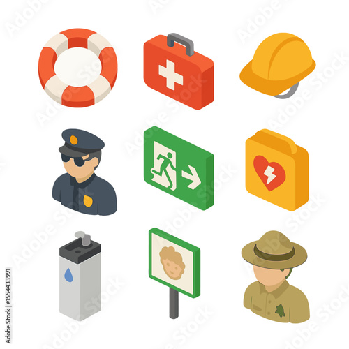 Park Safety Icons. Isometric Flat icon set of park safety and first aid: life preserver, first aid kit, safety helmet, security