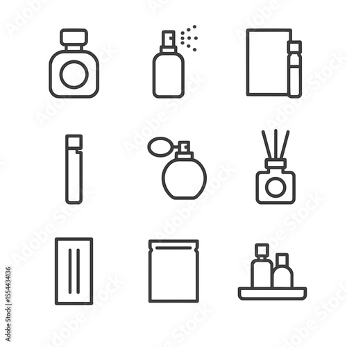 Perfume Icon Set. Outline icon set of Fragrance and Perfume Display: perfume bottle, tester sprayer, fragrance box, scent sample