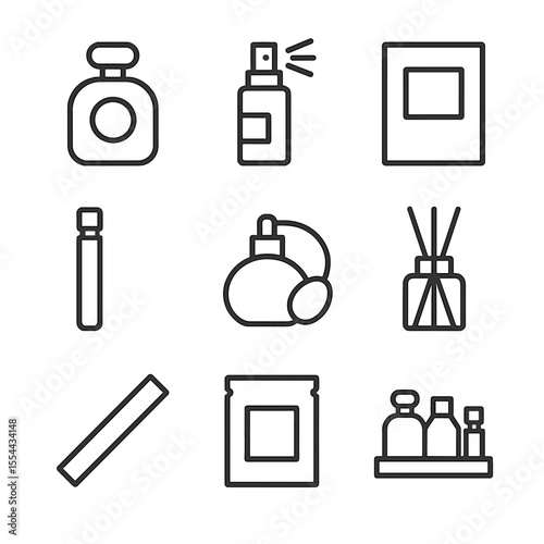 Perfume Icon Set. Outline icon set of Fragrance and Perfume Display: perfume bottle, tester sprayer, fragrance box, scent sample