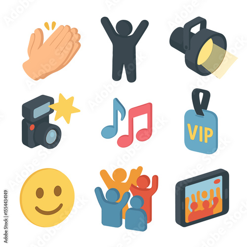 Performance Reaction Icons. Isometric Flat icon set of audience reaction at live performance: clapping hands, standing ovation