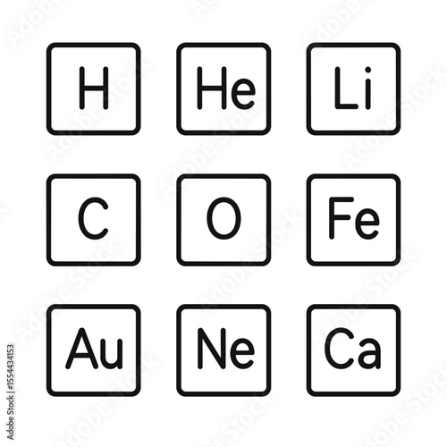 Periodic Table Icons. Outline icon set of Periodic Table Elements: hydrogen symbol, helium symbol, lithium symbol, carbon symbol,