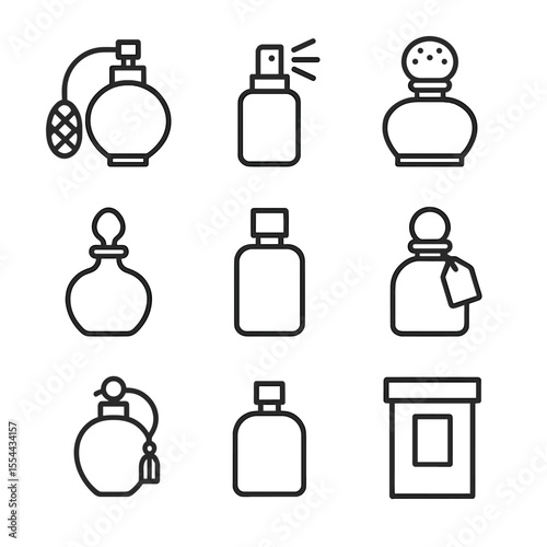 Perfume Icon Set. Outline icon set of Perfume Bottle Designs: atomizer bulb, spray nozzle, decorative cap, glass stopper, bottle