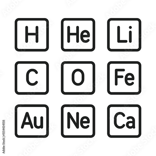 Periodic Table Icons. Outline icon set of Periodic Table Elements: hydrogen symbol, helium symbol, lithium symbol, carbon symbol,