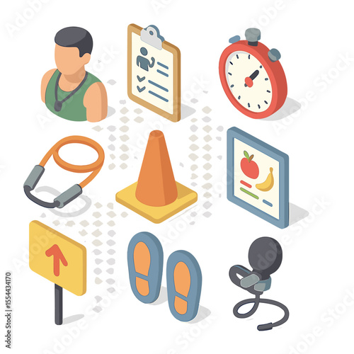 Personal Training Icons. Isometric Flat icon set of personal training session: personal trainer avatar, clipboard with workout