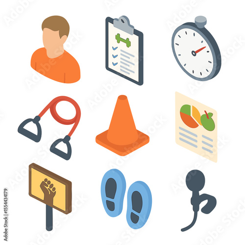 Personal Training Icons. Isometric Flat icon set of personal training session: personal trainer avatar, clipboard with workout