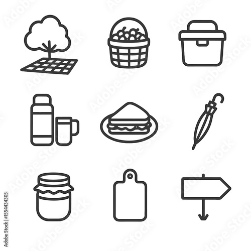 Outline Picnic Icons. Outline icon set of Shaded Picnic Spot: picnic blanket under tree, basket of berries, insulated cooler,