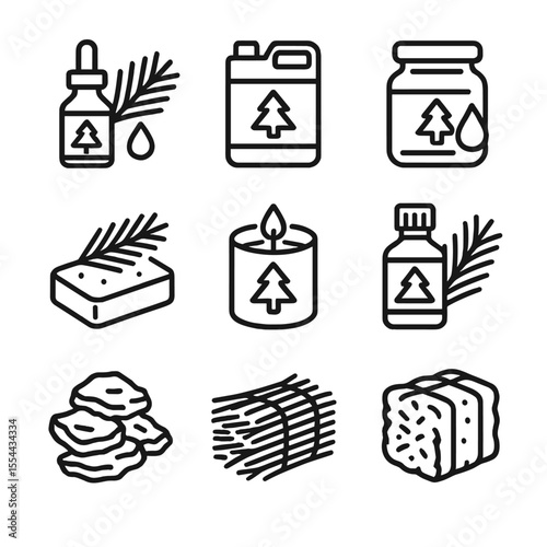 Pine Product Icons. Outline icon set of pine-derived products: pine essential oil, turpentine can, pine resin jar, pitch tar, pine