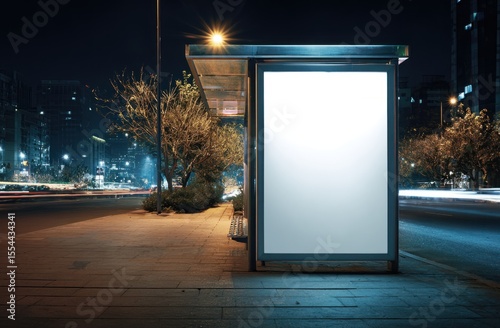 A modern bus stop at night showcases a glowing blank billboard amidst the city's vibrant light trails.
