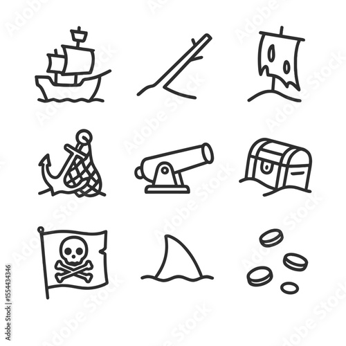 Pirate Icon Set. Outline icon set of pirate shipwreck and loot: pirate ship silhouette, broken mast, tattered sail, anchor