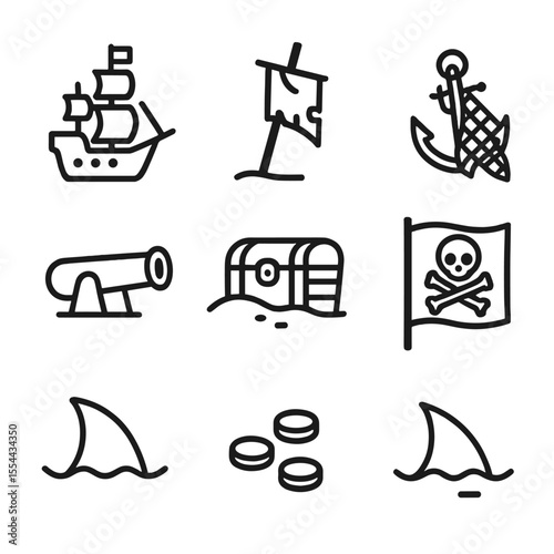 Pirate Icon Set. Outline icon set of pirate shipwreck and loot: pirate ship silhouette, broken mast, tattered sail, anchor