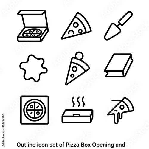 Pizza Box Icons. Outline icon set of Pizza Box Opening and Serving: box flaps, triangular slice, serving spatula, grease stain,