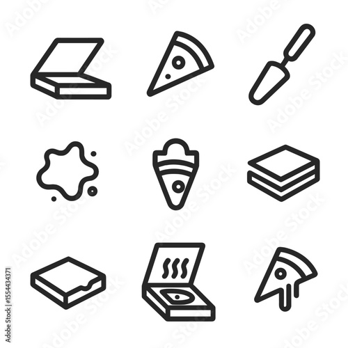 Pizza Box Icons. Outline icon set of Pizza Box Opening and Serving: box flaps, triangular slice, serving spatula, grease stain,