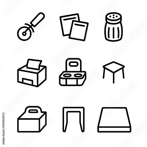 Pizza Box Accessories Icons. Outline icon set of Pizza Box Accessories and Extras: pizza cutter, dipping sauce packets, Parmesan