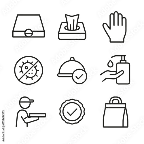 Pizza Safety Icons. Outline icon set of Pizza Box Safety and Hygiene: tamper-evident seal, sanitize wipe, gloved hand,
