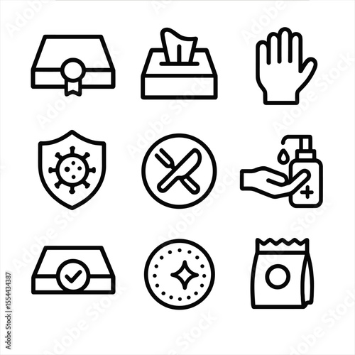 Pizza Safety Icons. Outline icon set of Pizza Box Safety and Hygiene: tamper-evident seal, sanitize wipe, gloved hand,