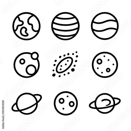 Planetary Icon Set. Outline icon set of planets and planetary systems: terrestrial planet, gas giant, ice giant, dwarf planet,