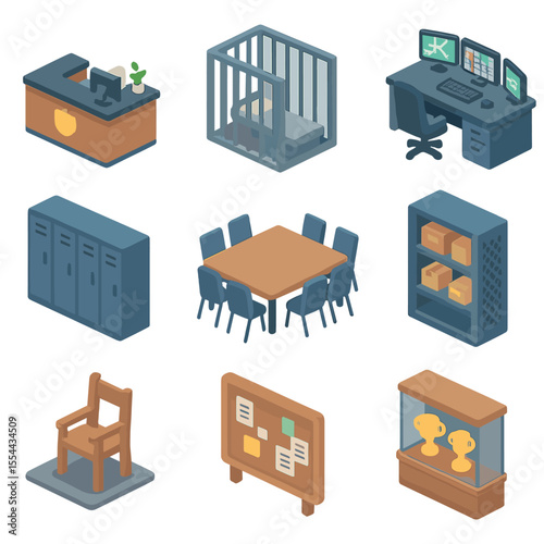Police Station Icons. Isometric Flat icon set of police station interiors: reception desk, holding cell bars, dispatch console,