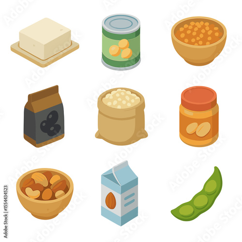 Plant-Based Proteins Icons. Isometric Flat icon set of plant-based protein sources: tofu block, chickpeas can, lentil bowl, black
