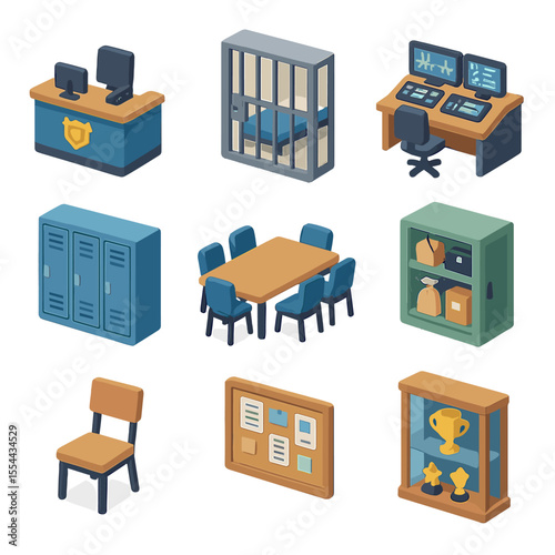 Police Station Icons. Isometric Flat icon set of police station interiors: reception desk, holding cell bars, dispatch console,