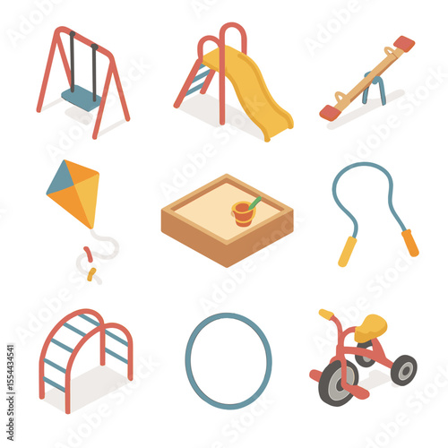 Playground Equipment Icons. Isometric Flat icon set of outdoor playground equipment: swing, slide, seesaw, sandbox, kite, jump