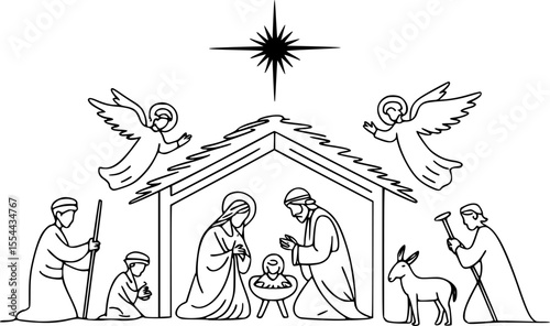 Minimalist Nativity Scene Vector – Luke 2:11 Inspired Continuous Line Art of Mary, Joseph, Baby Jesus, Angel, Shepherds, Wise Man, Donkey, and Star of Bethlehem – Simple Christmas Faith Illustration