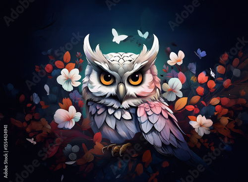An owl with white feathers and striking yellow eyes is perched amongst colorful flowers and fluttering butterflies against a dark background.