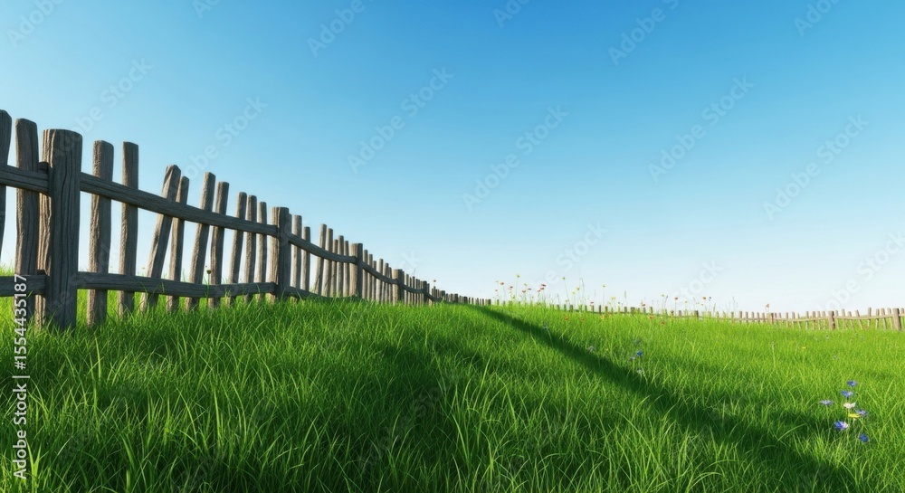 Obraz premium Peaceful Countryside Meadow Under a Bright Blue Sky with a Rustic Wooden Fence