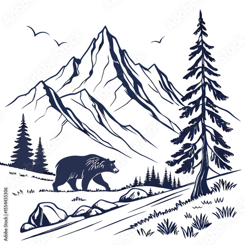 A lone bear walks through a mountain landscape with pine trees and birds
