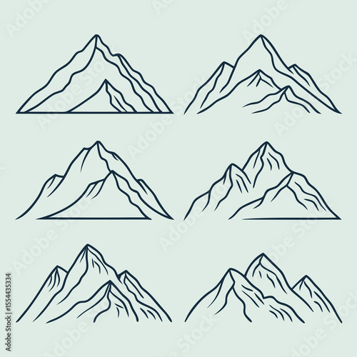 Collection of six stylized mountain range line art illustrations