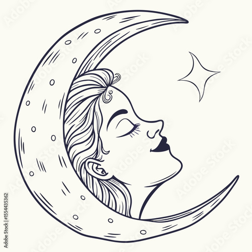 Elegant woman s face nestled within a crescent moon with a star