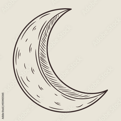 Hand drawn crescent moon with vintage engraving style on a neutral background