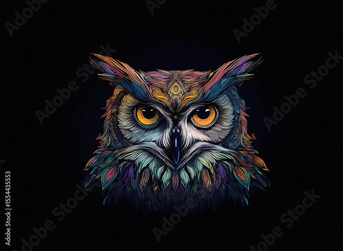 A vibrant owl head with intricate feather details is centered against a stark black background. The owl's gaze is direct and captivating, showcasing its yellow eyes.