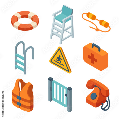 Pool Safety Icons. Isometric Flat icon set of Pool Safety Gear: life ring buoy, lifeguard chair, safety rope, pool ladder, warning