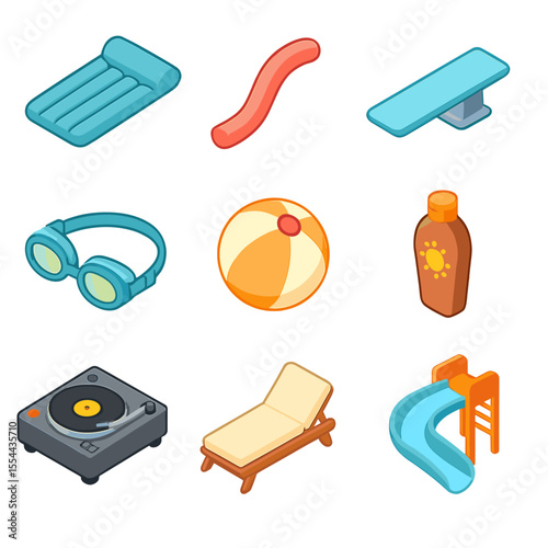 Pool Party Icons. Isometric Flat icon set of pool party fun items: inflatable float, pool noodle, diving board, swim goggles,