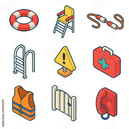 Pool Safety Icons. Isometric Flat icon set of Pool Safety Gear: life ring buoy, lifeguard chair, safety rope, pool ladder, warning