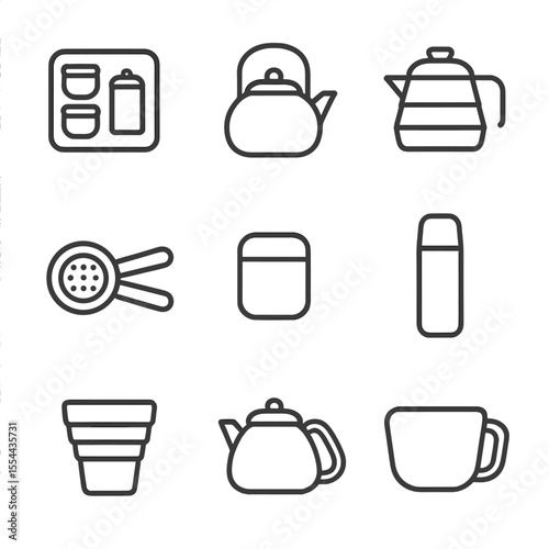 Portable Tea Set Icons. Outline icon set of portable tea sets: pocket tea kit, camping teapot, collapsible kettle, travel mug