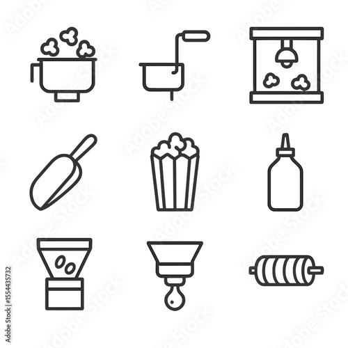 Popcorn Machine Icons. Outline icon set of Old-Fashioned Popcorn Machines: popcorn kettle, crank handle, glass enclosure, warming